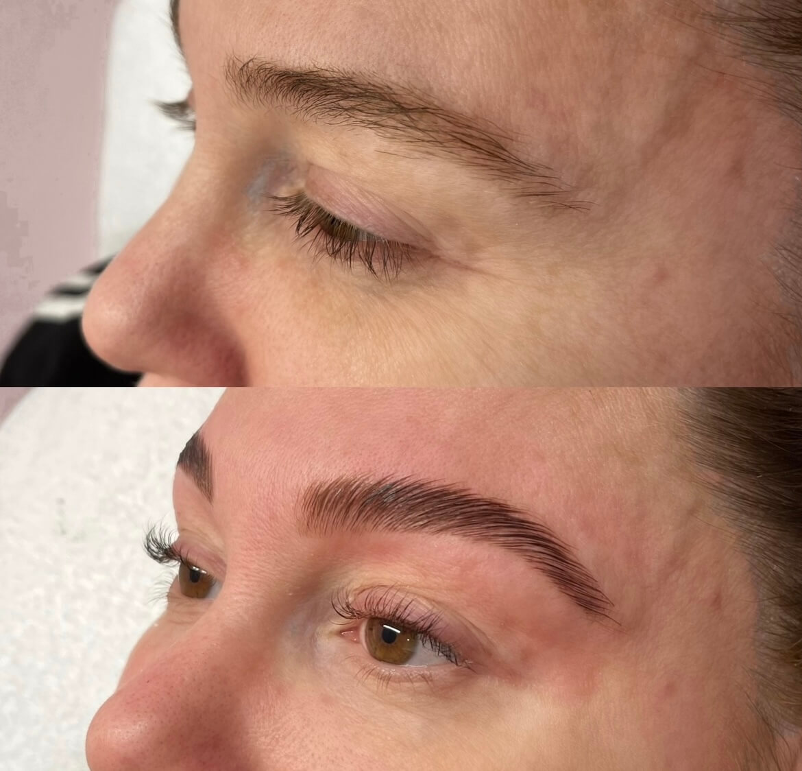 Before / after from a brow lamination appointment, so so arches to absolute perfection.