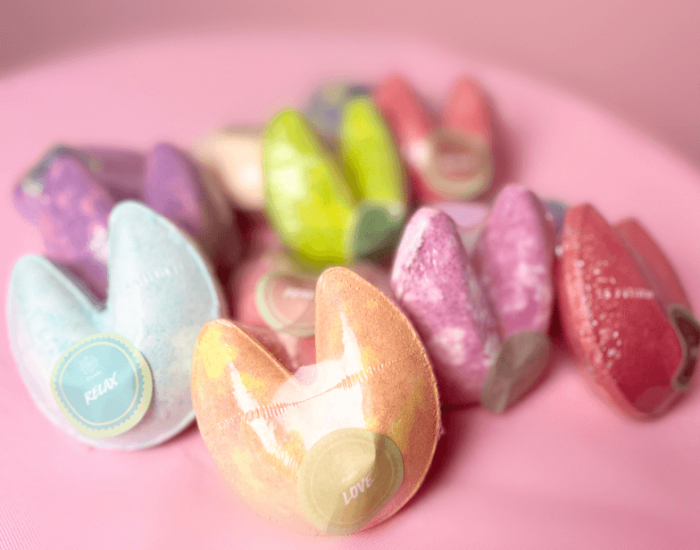 Fortune cookie bath bombs in a variety of scents